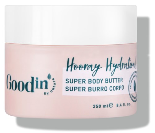En rosa krukke med Goodin kroppsmørje med tekst om hydrering, inneholder 250 ml eller 8,4 fl oz.