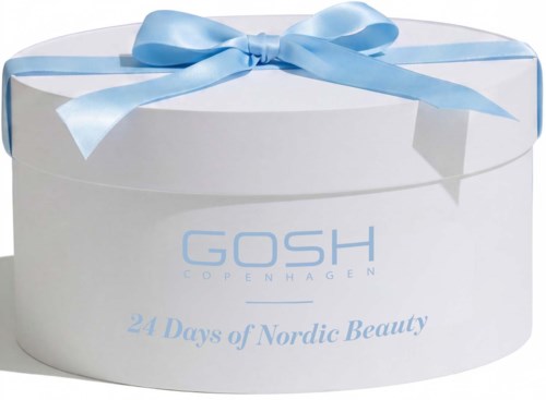 Weiche runde Box mit blauer Schleife, GOSH Copenhagen Logo und Text 24 Days of Nordic Beauty.