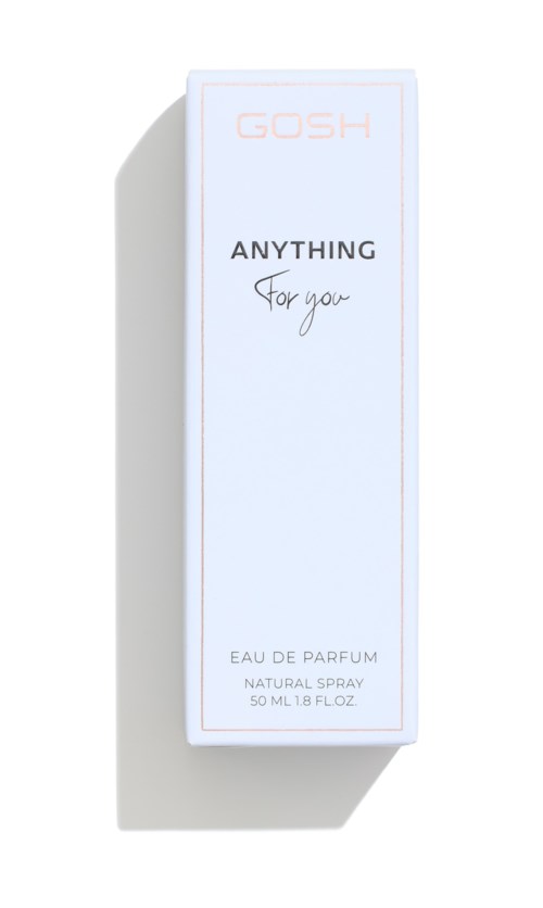 Białe opakowanie z tekstem: GOSH, ANYTHING For you, Eau de Parfum, 50 ml. Elegancki i prosty design.
