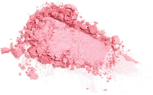 Vaalean pinkki meikkipuuterivuori, osittain kasaantunut ja osittain leviää valkoiselle taustalle.