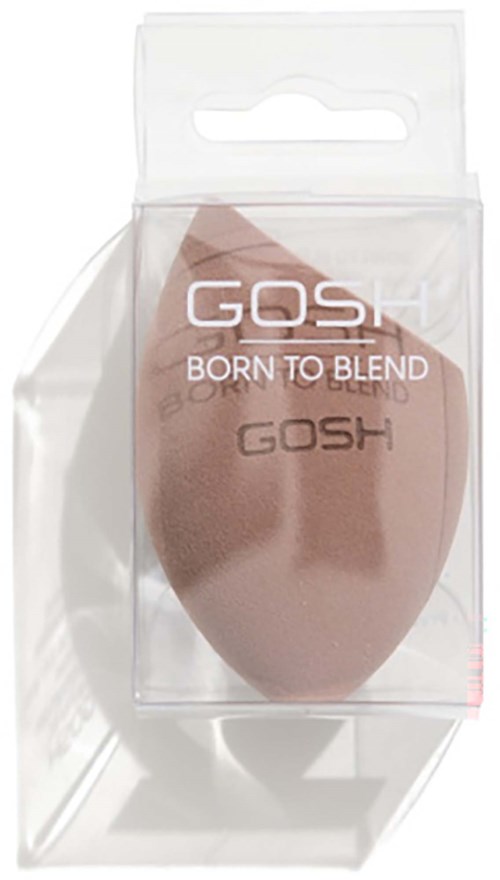 Een make-up spons in doorzichtige plastic doos met GOSH-logo en slogan Born to Blend.