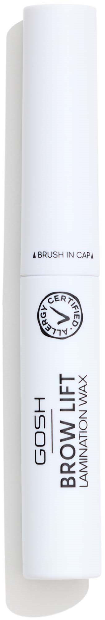 Ein weißer Kosmetikstift mit schwarzen Texten und Siegel, beschriftet GOSH BROW LIFT für Augenbrauentwicklung.