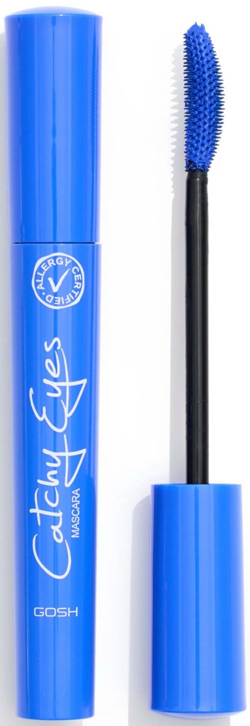 Blauer Mascara-Röhre mit Pinsel. Der Pinsel hat blaue Wimperntusche. Das Röhrchen hat weißen Text und Logo.