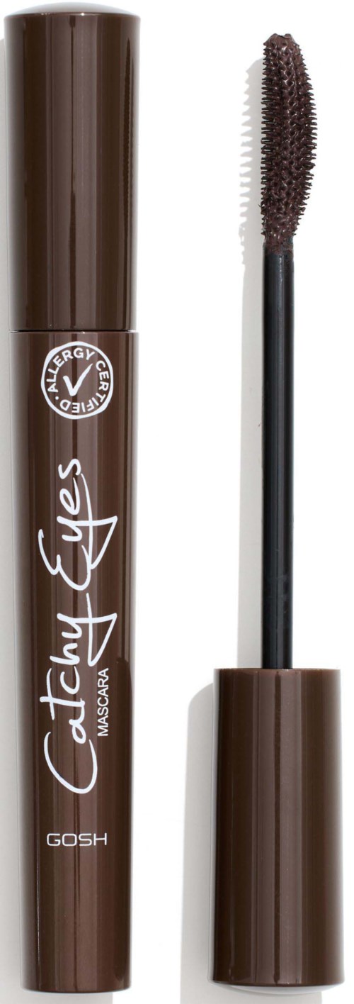 Braunes Mascara-Röhrchen mit einer Bürste und weißen Text auf der Seite.