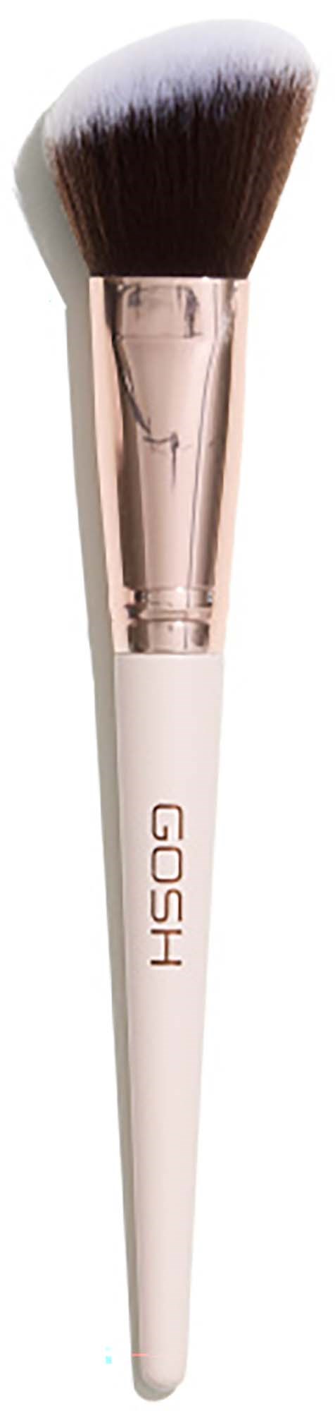 Make-up kwast met witte handvat, roze metalen deel, zachte zwarte en witte haren.