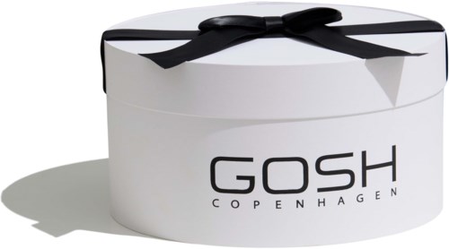 A white round box with a black ribbon, featuring the GOSH Copenhagen logo, casting a shadow.