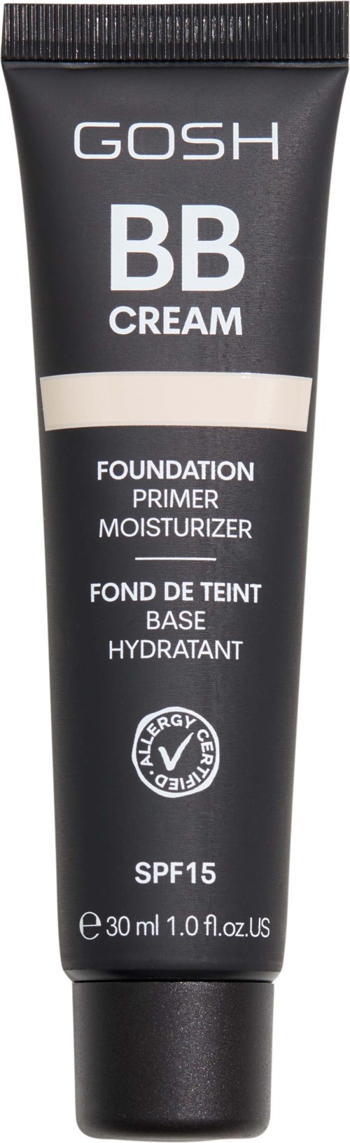 En svart tub med GOSH BB-kräm för ansiktet, märkt som foundation, primer, fuktighetskräm, med SPF 15 och 30 ml storlek.