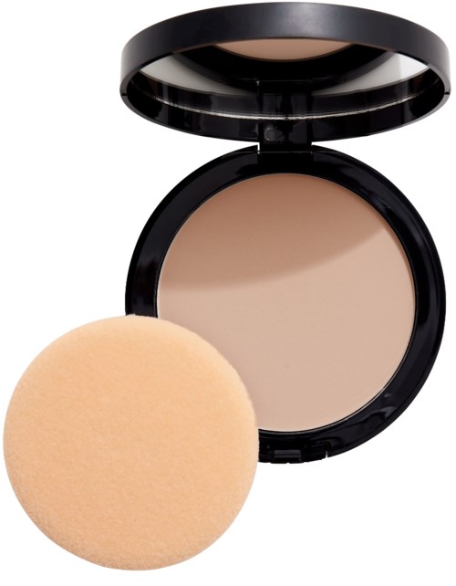 En compact med pudder og en rund svamp til makeup.