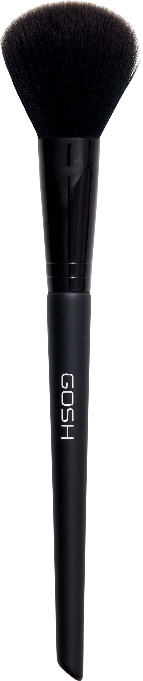 En svart makeup-borste med mjuka borst och ett handtag med texten "GOSH."