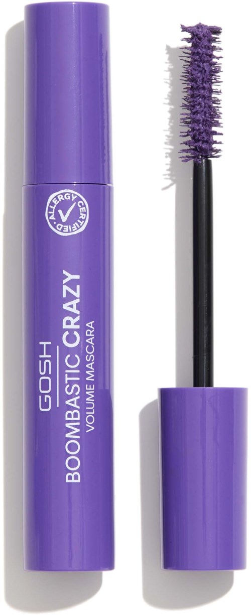 Lilla mascara-rør med børsten ved siden av, merket GOSH Boom Basics Crazy Volume Mascara.
