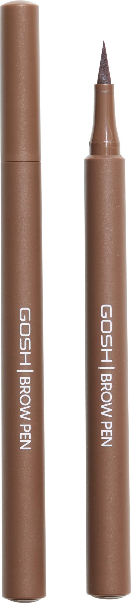 Zwei braune GOSH Brow Pen Stifte mit Kappen, einer mit Spitze zum Zeichnen der Augenbrauen.