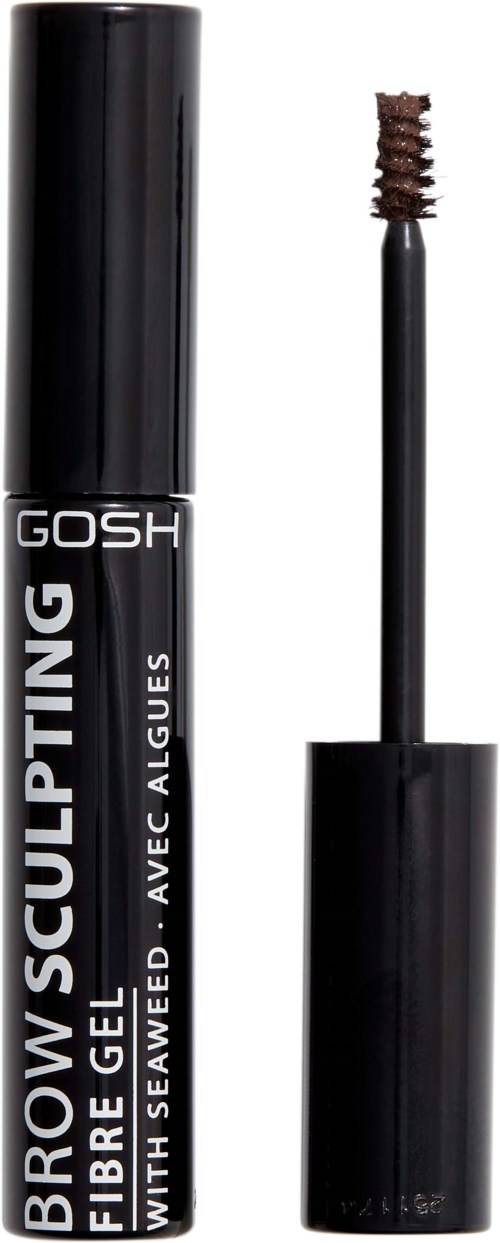 En svart mascara tub med öppen borste, märkt GOSH Brow Sculpting Fibre Gel med kelp.