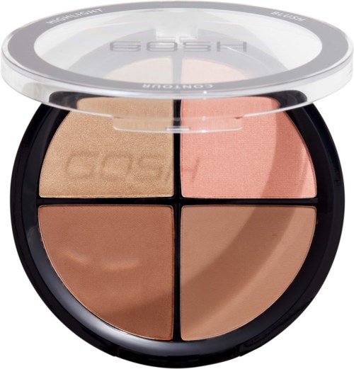 Eine runde Make-up-Palette mit vier Sektionen verschiedener Gesichts-Schattierungen, bedeckt mit klarer Kunststoffabdeckung.
