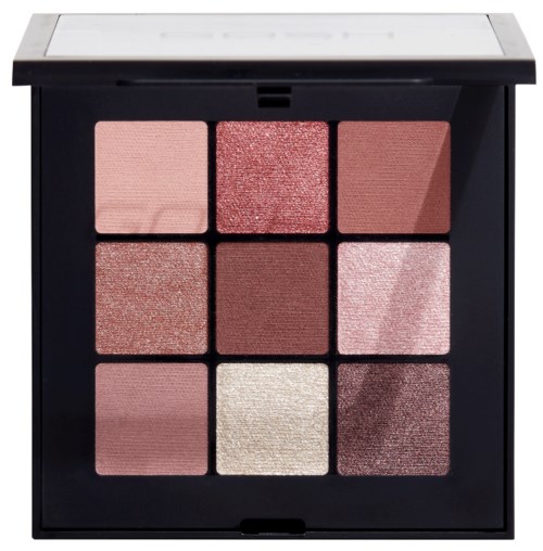En palette med ni pink og beige øjenskygger i et sort etui med spejl.