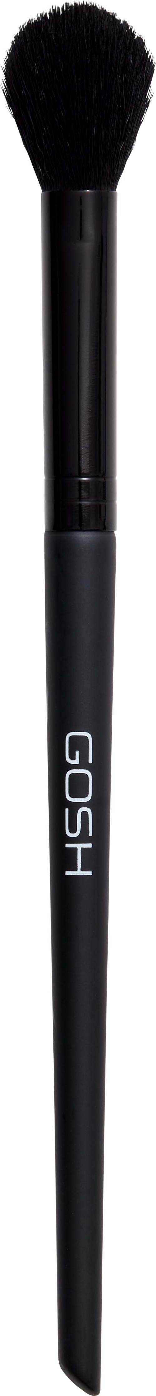 En svart makeup-børste med en fluffy topp og et grått håndtak merket "GOSH."