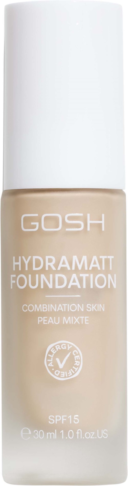 Beige muovipullo GOSH Hydramatt -meikkivoidetta, SPF15, 30ml, yhdistelmäiholle.