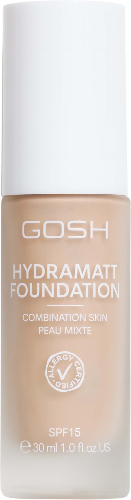 Eine Foundation-Flasche mit GOSH Hydramatt Foundation für Mischhaut, mit SPF 15, 30 ml.
