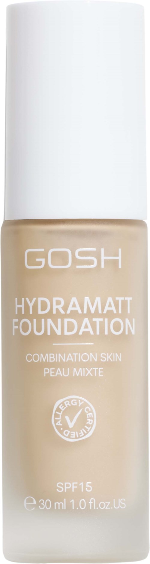 GOSH Hydramatt Foundation yhdistelmälle iholle, SPF 15, 30 ml, beige pullo valkoisella korkilla.