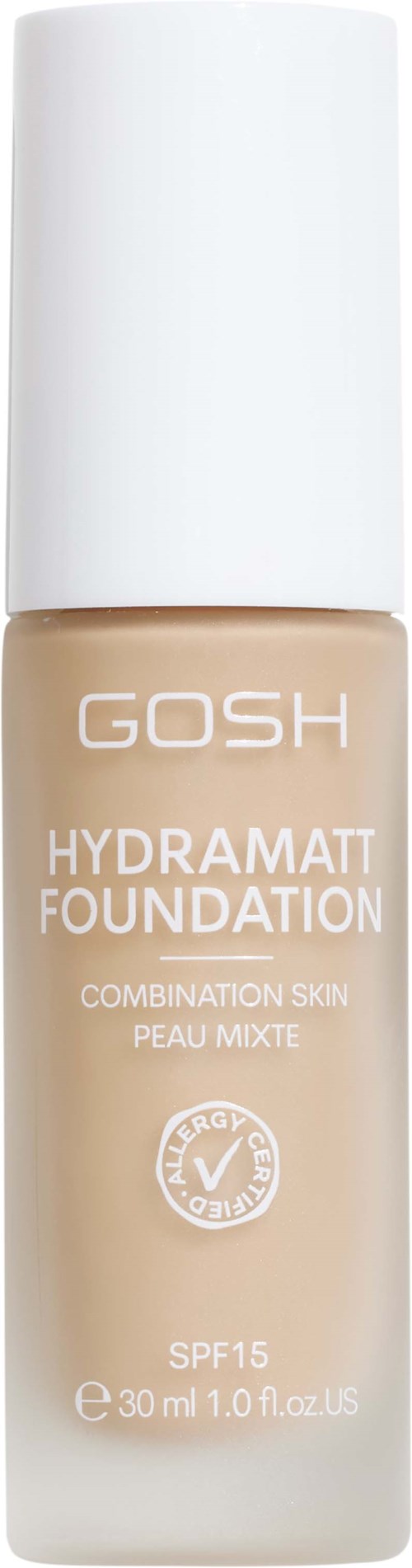 Beiget pullo GOSH Hydramatt Foundation valkoisella korkilla, tarkoitettu yhdistelmäiholle ja SPF 15.