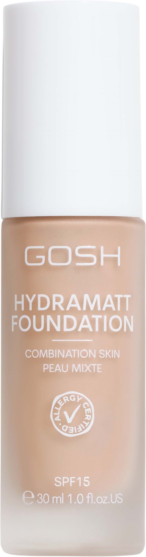 Flasche mit weißem Deckel und beige Flüssigkeit. Es steht GOSH Hydramatt Foundation für Mischhaut, SPF 15.