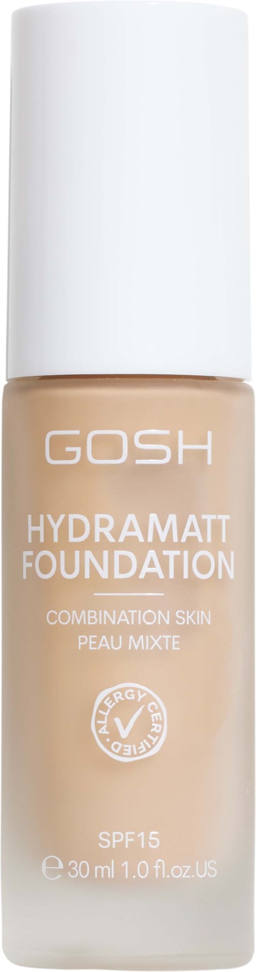 Eine beige Foundation-Flasche mit weißem Deckel, bezeichnet GOSH Hydramatt Foundation für Mischhaut, SPF 15.
