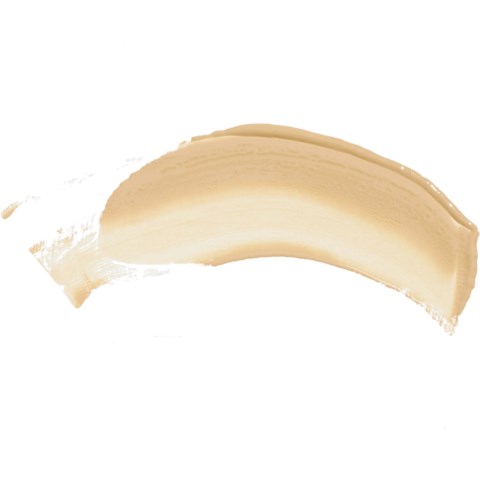 Ein beiger oder hellbrauner Bogenstrich, möglicherweise Farbe oder Make-up, auf weißem Hintergrund.