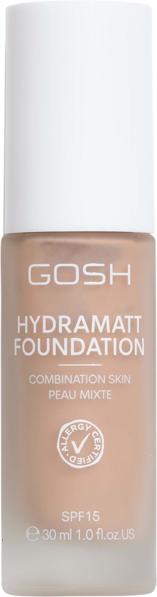 Beige Gosh Hydramatt Foundation-Flasche mit weißem Deckel, SPF 15, für Mischhaut, 30 ml.