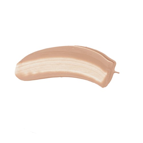 Eine beigenfarbene Creme oder Foundation, die in einem Bogen auf einem weißen Hintergrund aufgetragen ist.
