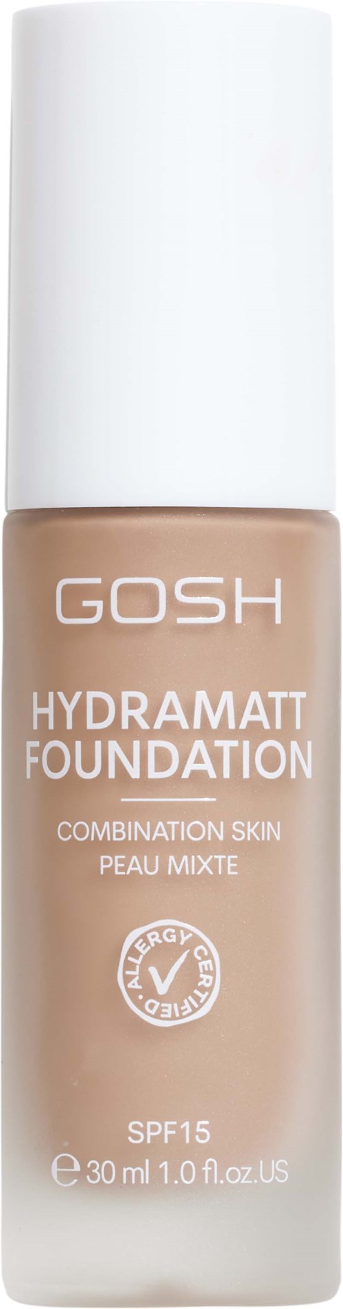Eine beige Foundationflasche mit weißem Deckel, beschriftet GOSH Hydramatt, SPF 15, schützt und spendet Feuchtigkeit.
