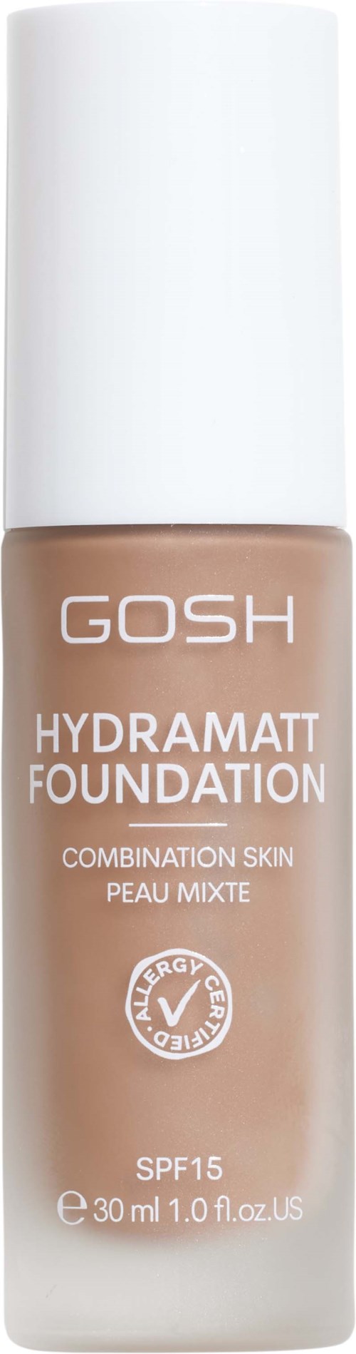 Eine Flasche GOSH Hydramatt Foundation für Mischhaut mit SPF 15, in weißem und beigem Behälter.