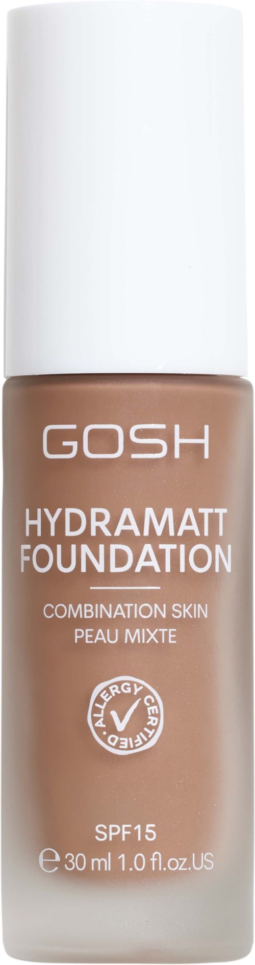 Eine Flasche GOSH Hydramatt Foundation für Mischhaut mit SPF 15, 30 ml Kapazität, in Beigetone.