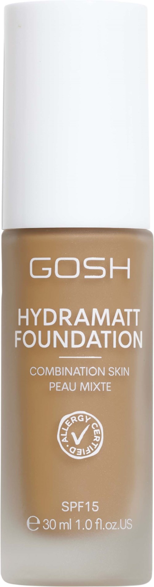 Beige Flasche mit GOSH Hydramatt Foundation, weißer Deckel, SPF15, für Mischhaut, 30 ml.