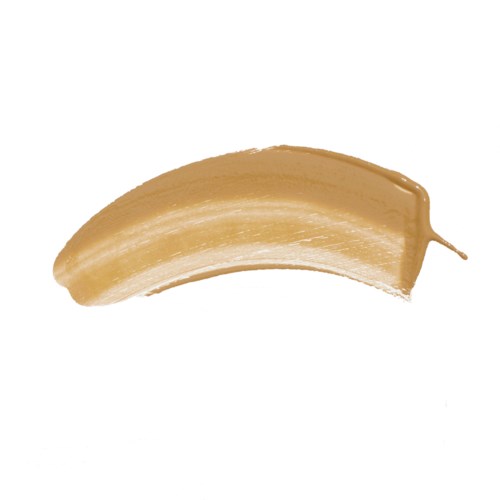 Ein beiger Farbstreifen auf weißem Hintergrund, gekrümmt mit einem kleinen Tropfen am Ende.