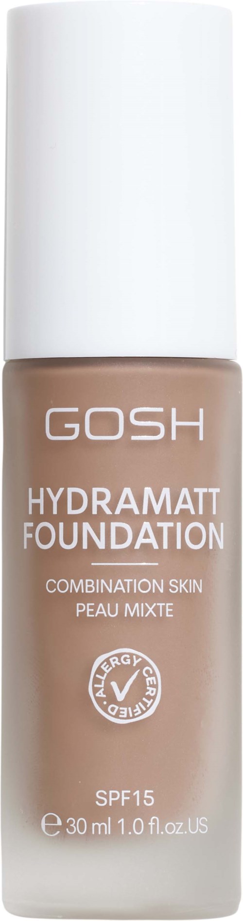 Foundation Flasche mit weißem Deckel, beige Flüssigkeit und Etikett GOSH, hydramatt foundation, SPF15.