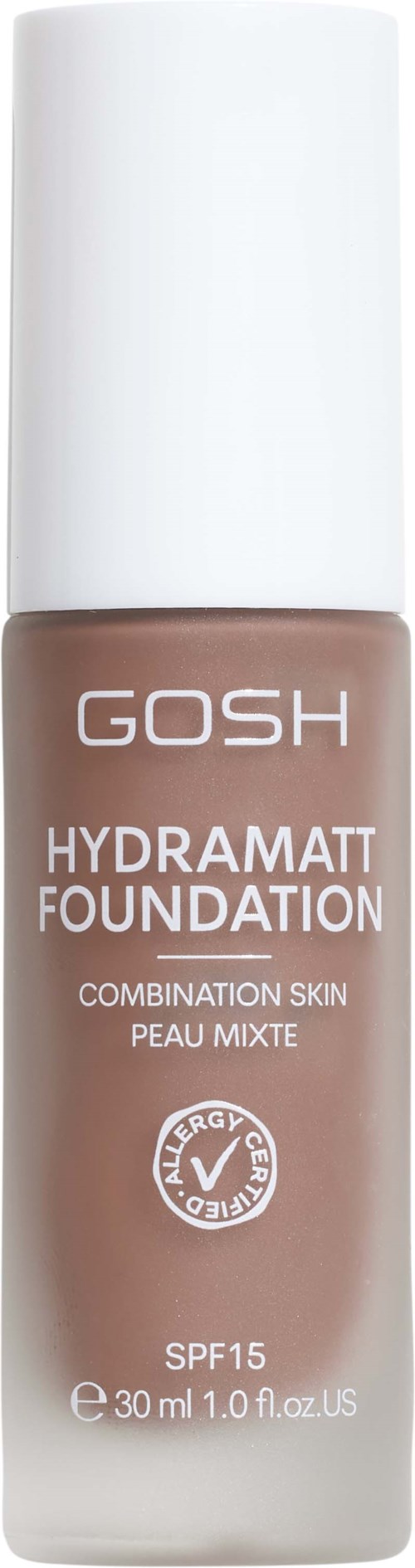 Eine Flasche GOSH Hydramatt Foundation für Mischhaut, SPF 15, in einem hohen weißen und beigen Behälter.