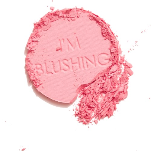 Rosa makeupprodukt med orden 'BLUSHING' og 'WF' preget. Noen av den er knust rundt kantene.