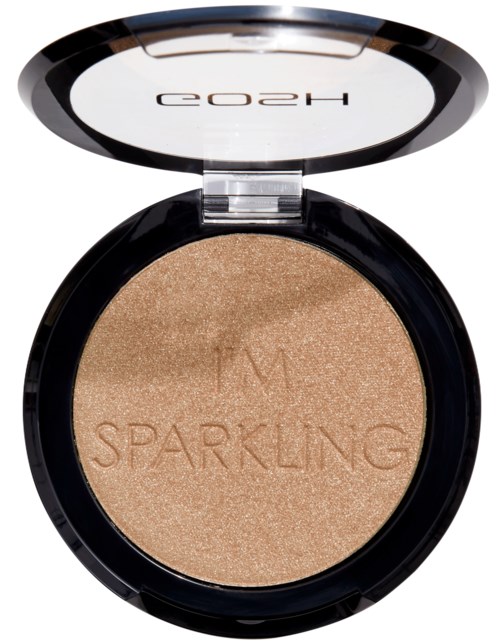 En runt sminkkompakt med spegel öppen, innehållande ljus skimrande bronzer märkt 'M Sparkling'.