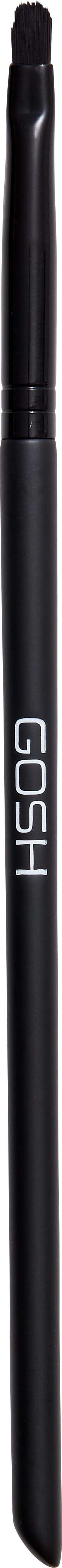 En tunn svart makeupborste med ordet "GOSH" skrivet på den i vitt. Borsten har ett långt handtag och en liten spets.