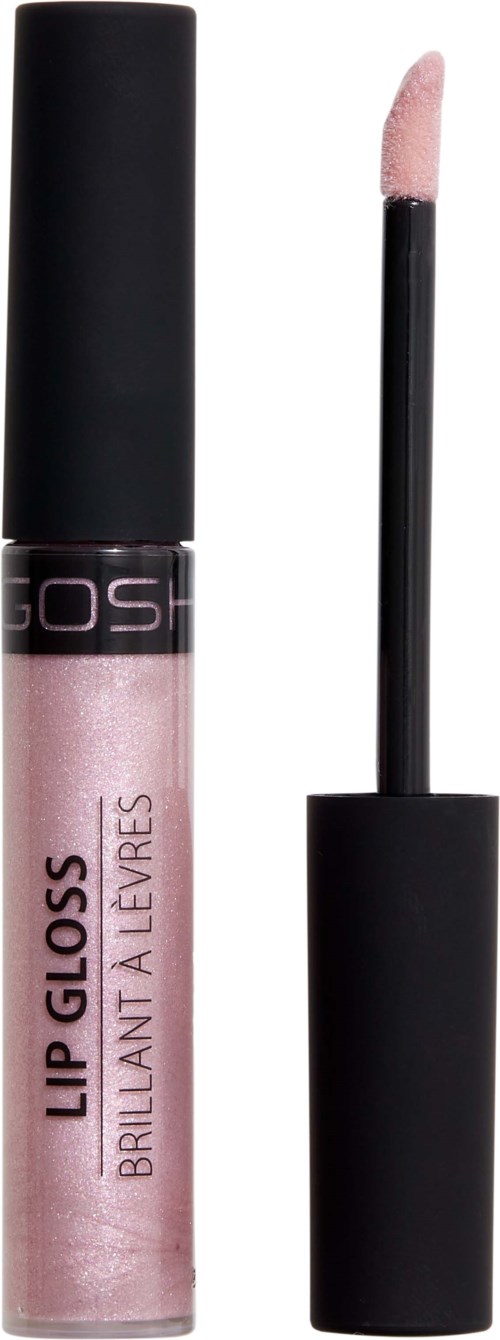 A lip gloss tube with a black cap and applicator, filled with shiny, light pink gloss.