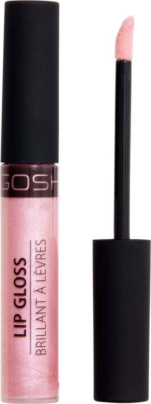 Rosa läppglans med svart lock och applikatorborste, märkt "Lip Gloss" och "Brillant a Levres."