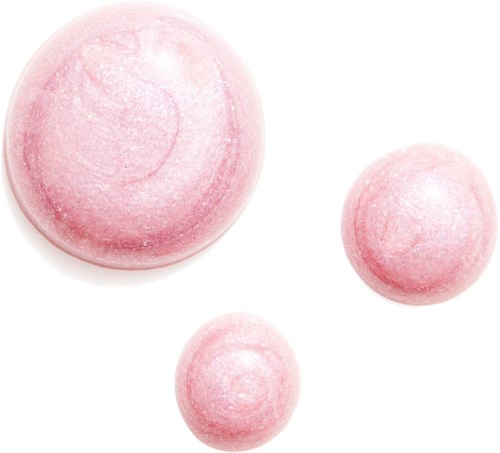Tre rosa, glänsande, runda föremål i olika storlekar på vit bakgrund.