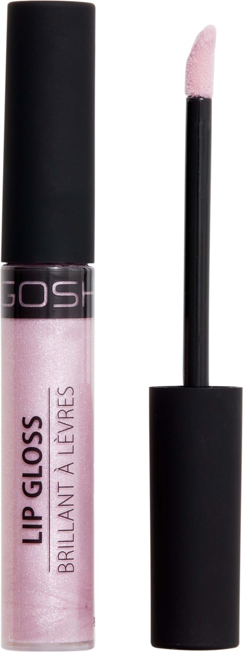 A lip gloss tube with a black cap and a wand applicator, containing pink shimmery gloss.