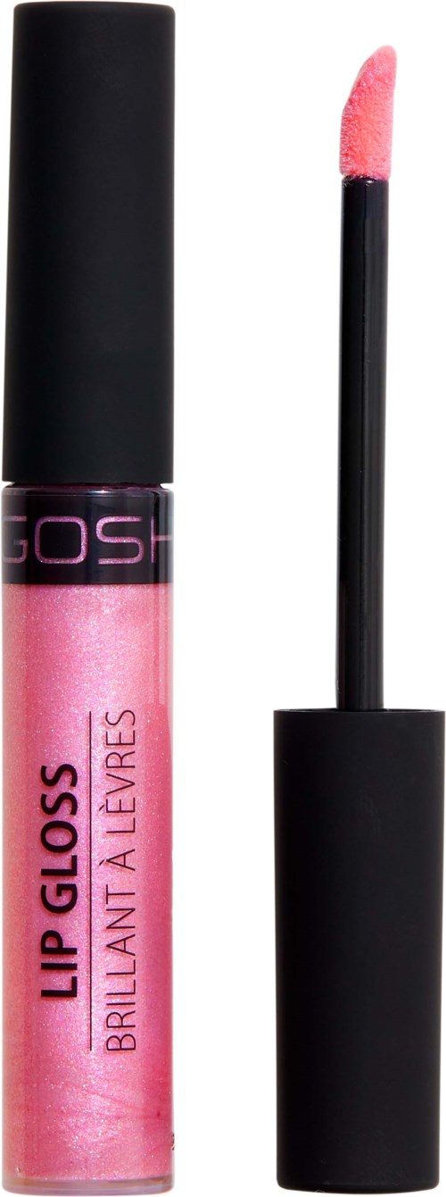 Pink lip gloss with a black cap and an applicator wand.