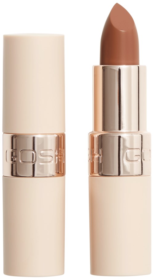 Ett beige läppstift i ett krämfärgat skal med silverdetaljer står öppet. Läppstiftet är redo att användas.