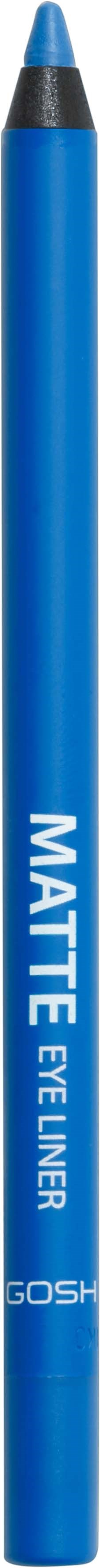 A blue eye liner pen with the words "MATTE EYE LINER" and brand name "GOSH" on it.