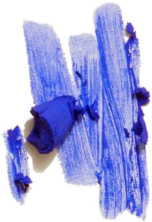 Blue lipstick smudged on paper, with some lips and smears visible.