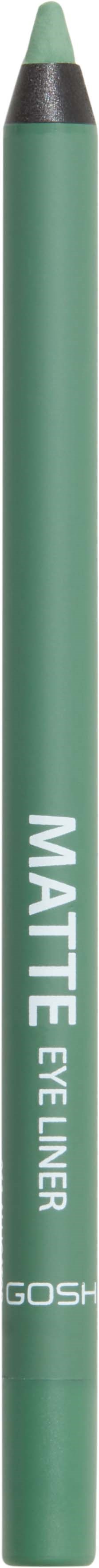 A green pencil-shaped container labeled 'Matte Eye Liner' from GOSH. It has a black tip for applying makeup.
