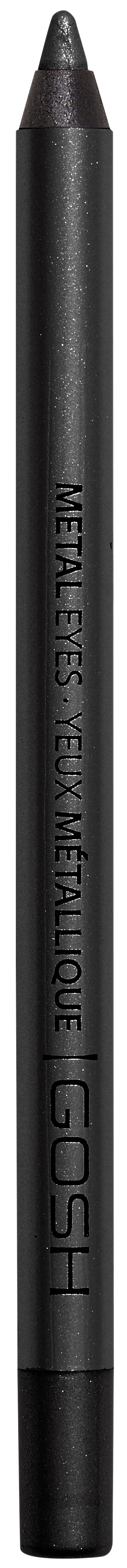 En svart ögonbrynspenna med spetsad spets, märkt 'Metallic Eyebrow Pencil' av Cosh, stående vertikalt.
