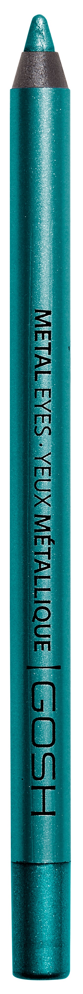 En blå metallisk ögonpenna med spets, märkt "GOSH" och "METAL EYELINER."