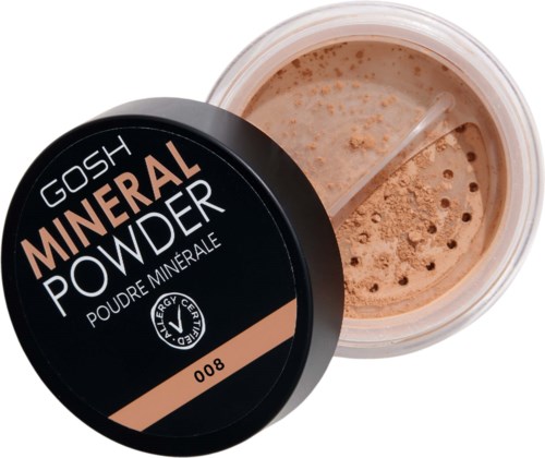 En beholder med GOSH mineralsk pudder med beige pulver inni, lokket viser produktnavn og detaljer.